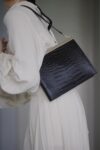 Black Croc Embossed Leather Clasp Bag