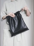 Black Soft Genuine Leather Drawstring Bag
