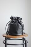 Soft Leather Drawstring Bucket Bag - Black